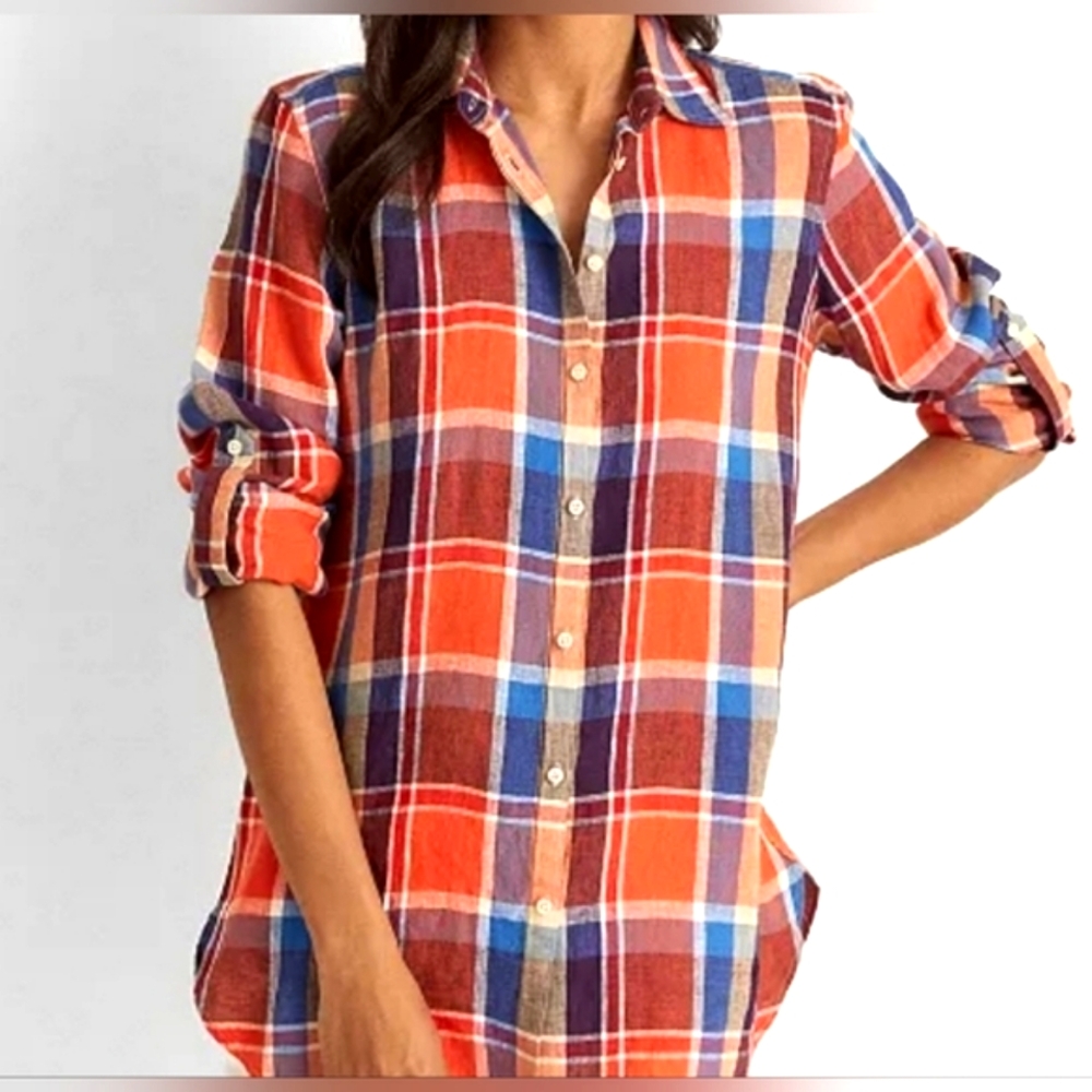Lauren Ralph Lauren Plaid Linen Shirt. Size Large. Orange/Blue. Western Cowgirl. - Picture 14 of 16